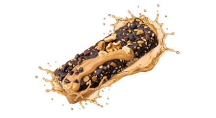 Chocolate granola bar with peanut butter, nuts, and chocolate chips splashing in milk, healthy snack food concept