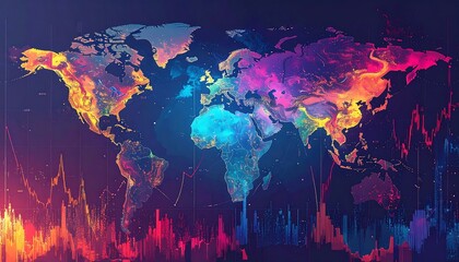 Abstract world map with vibrant colors and financial chart overlays, against a dark background