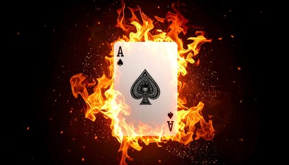 Ace of spades card engulfed in fiery flames against a dark background