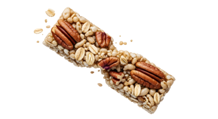Granola bar with pecans, oats, and seeds isolated on white background, healthy snack idea