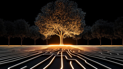Glowing tree of life with network lines, symbolizing nature and technology integration