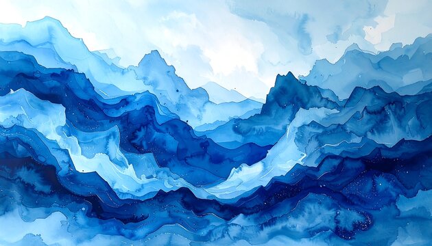 Abstract mountains in shades of blue watercolor wash with a textured, layered effect, fading into white sky