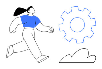 Woman walking forward confidently toward a large gear, symbolizing progress, development, and teamwork. Ideal for growth, business, innovation, problem-solving career empowerment. Simple flat