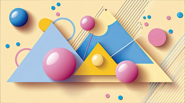 An abstract composition featuring colorful spheres, triangles, and circles arranged against a light yellow background. - Powered by Adobe