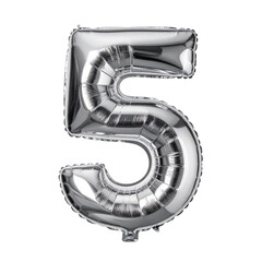 A reflective silver foil balloon shaped like the number five against a black background.