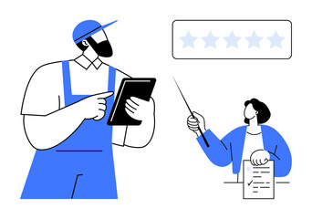 Worker in overalls with tablet collaborates with presenter holding a document and pointing at a rating scale. Ideal for teamwork, evaluation, customer satisfaction, training, service quality