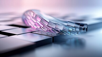 An abstract image featuring a curved glass structure composed of rectangular elements, set against a blurred, gradient background with soft lighting.