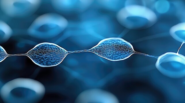 Close-up of a neural network with interconnected neurons, rendered in a blue color scheme. The image depicts a scientific or medical concept.