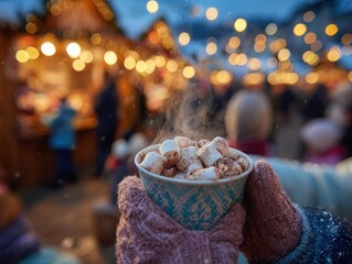 childrens hand holding a cup of hot cocoa topped with melting marshmallows
