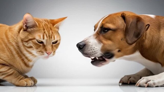Close-up profile of an orange cat and a brown dog staring at each other, isolated on a white background. Animal rivalry and friendship, with the dog and cat staring intently at each other