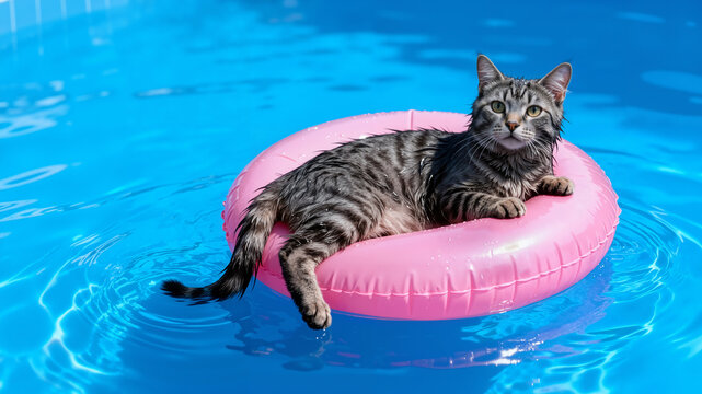 A cool tabby cat beats the summer heat by unexpectedly lounging on a bright pink pool float in crystal clear blue water.