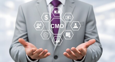 A man in a suit presents a digital CMO concept with icons representing business strategies and financial elements.