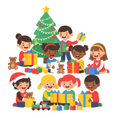 Children celebrating Christmas with gifts around a decorated tree.
