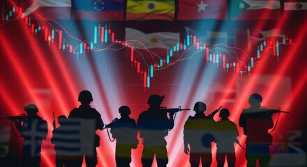 Soldier silhouette against a background of world flags and a candlestick chart showing economic crisis and recession concept. War and financial instability.