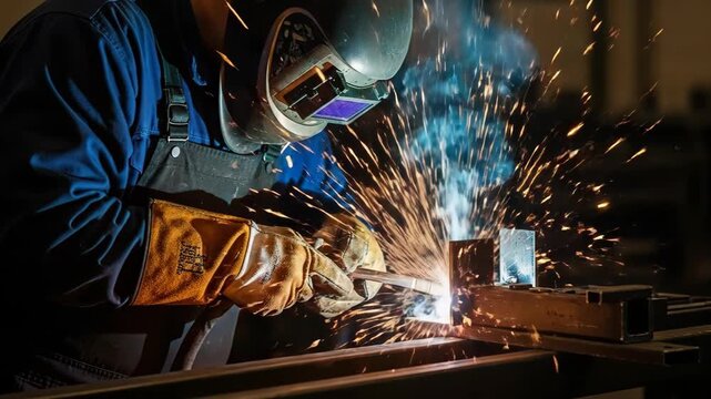 Skilled welder in action: crafting with precision, sparks, and smoke in industrial workshop
