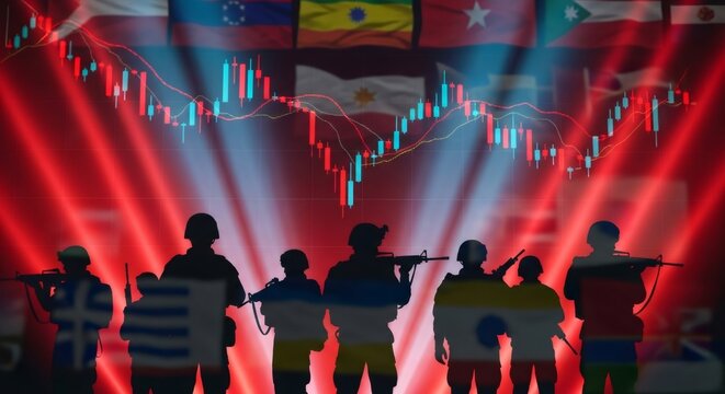 Soldier silhouette against a background of world flags and a candlestick chart showing economic crisis and recession concept. War and financial instability.