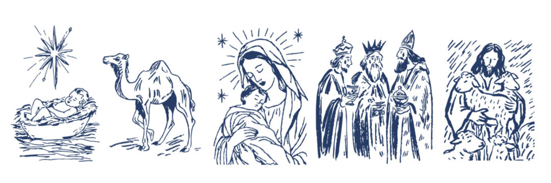 Traditional sketch illustrations of the christian nativity story and religious figures