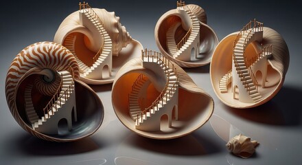 Miniature spiral staircases crafted inside nautilus shells, creating an artistic and surreal display.