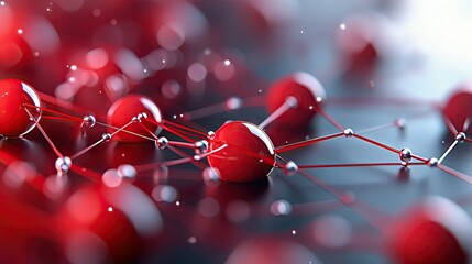 Close-up of a network of red spheres connected by lines, with silver nodes, against a blurred background. The image evokes concepts of connection and data.