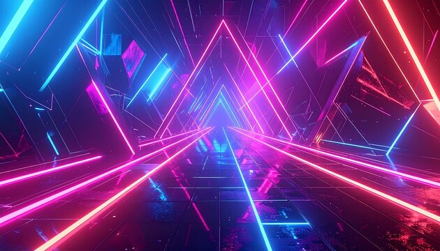 Abstract neon tunnel with geometric patterns, bright lights, and triangular shapes, creating a futuristic perspective - Powered by Adobe