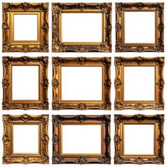 A Grid of Nine Ornate, Antique, Gold and Bronze Picture Frames Against a Black Background