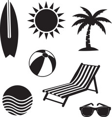 Detailed black silhouette icons set featuring various elements of summer holidays and beach vacation activities vector graphic