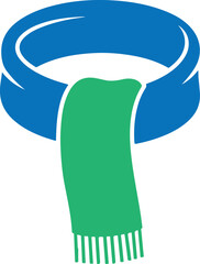 Colorful vector illustration of a warm winter scarf wrapped around the neck in shades of vibrant blue and bright green