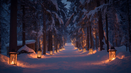 A snowy path illuminated by lanterns through a winter forest at nighttime