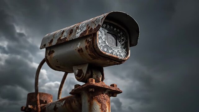 Weathered security camera against a stormy sky, showing signs of age.