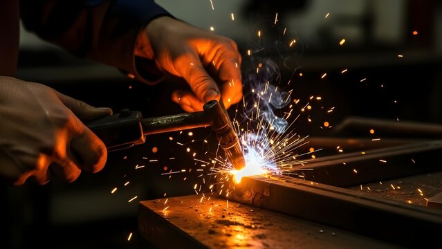 Close-up of a worker welding metal, with bright sparks flying, showcasing craftsmanship and industrial work. - Powered by Adobe
