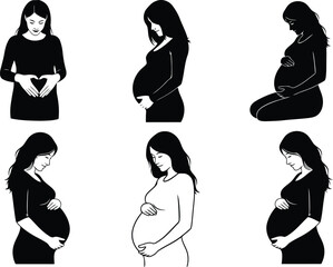 Six black and white illustrations depicting pregnant women in various poses and stages of maternity, isolated on