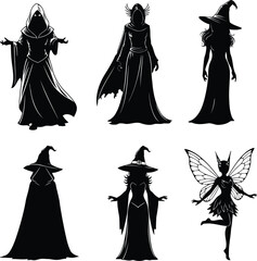 Silhouettes of various magical female characters including witches, sorceresses, and a fairy, isolated on