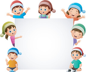 Christmas theme with group of kids and blank sign