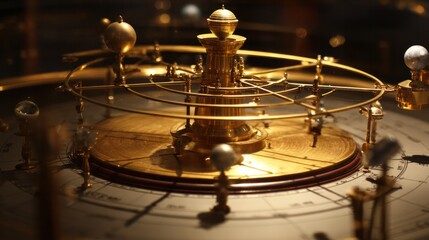 Orrery mechanism with planets orbiting a central star, a brass astronomical instrument model. STEM education sheets, lab safety posters, designed for biotech research communications.