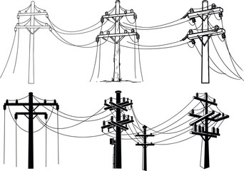 Utility pole silhouettes with transformers and crossarms, electrical infrastructure diversity and design variations, flavector series