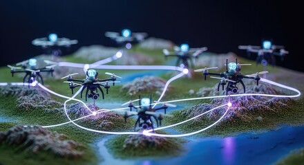 A network of autonomous drones flying over a simulated landscape, connected by glowing data paths, illustrating advanced technology and communication.