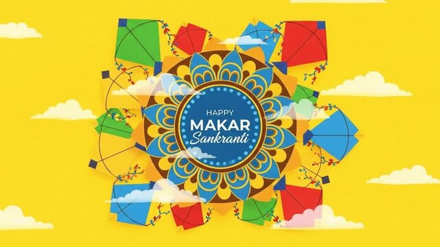 Happy Makar Sankranti, Colorful flying kites for Makar Sankranti festival Banner Poster Vector Illustration Sky Mandala Background