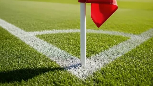A vibrant close-up shot captures the iconic corner flag and boundary lines on a perfectly manicured green sports field under bright daylight. The crisp white markings contrast beautifully with the lus