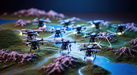 Drones flying over a miniature landscape model with glowing network connections, illustrating advanced aerial technology and strategic operations.