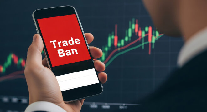 Man holding phone with trade ban text over stock market analysis chart. Economic crisis or financial sanction concept for business news.