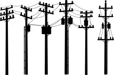 Utility pole silhouettes with transformers and wire configurations, electrical distribution infrastructure diversity, flavector engineering series