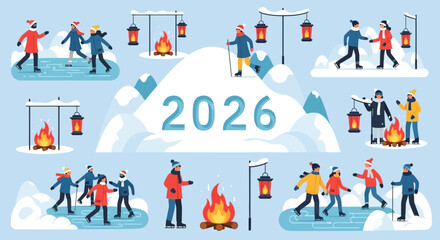 Fototapeta premium Celebrate Winter Fun with Ice Skating and Cozy Campfires in 2026, Perfect for Holiday Greetings and Festive Events with Friends and Family