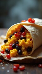 A delicious close-up shot of a breakfast burrito with visible ingredients