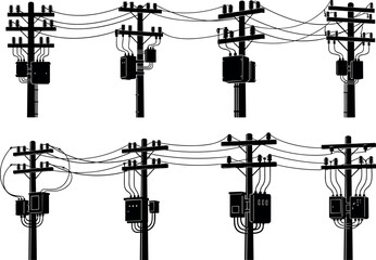 Utility pole silhouettes with transformers, insulators, and interconnected wires, electrical distribution infrastructure, flavector series