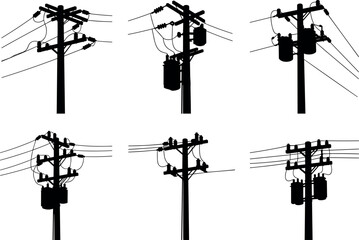 Utility pole silhouettes with transformers and insulators, electrical infrastructure diversity, power grid components, flavector series