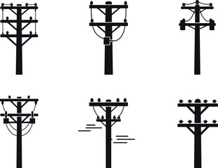 Utility pole silhouettes with wire and insulator configurations, electrical infrastructure diversity, flavector engineering series