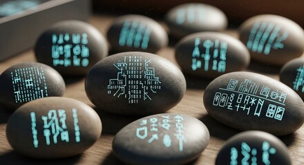 A close-up view of multiple dark stones with glowing blue digital circuit patterns and futuristic symbols.