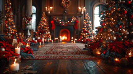 Fireplace with festive garlands in cozy living room with decorated Christmas tree and candles. Mockup for design of Christmas and New Year postcard. Copy space.