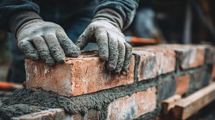 Construction worker carefully lays a brick on top of a wall, securing it with mortar. The worker is wearing gloves as they are working outdoors.