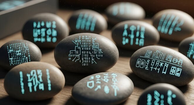 A close-up view of multiple dark stones with glowing blue digital circuit patterns and futuristic symbols.